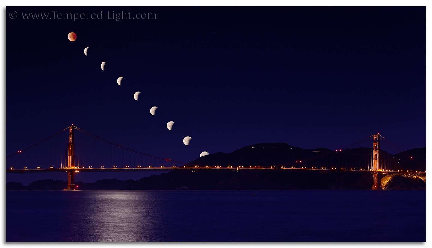 Super Blue Blood Moon Eclipse Progression over the Golden Gate